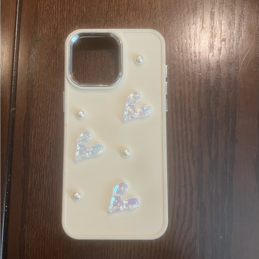 iPhone 15 ProMax Cream Color with Faux Pearls and Hearts Design Phone Case